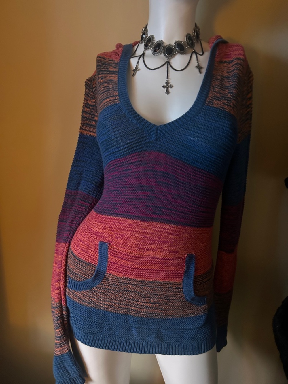 Striped V-Neck Hooded Sweater - Blue, Pink & Orange